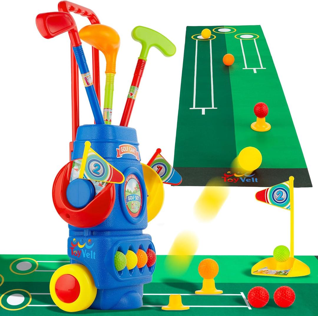 ToyVelt Toddler Golf Set - Kids Golf Clubs with 6 Balls, 4 Golf Sticks, 2 Practice Holes and a Putting Mat - Promotes Physical & Mental Development (Blue)