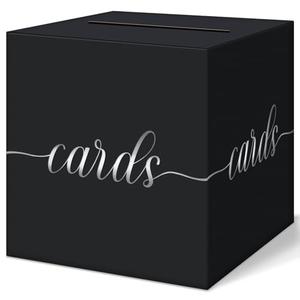 QIKSION Black Wedding Card Box, Silver Foil Gift Card Box for Party, Wedding Reception, Graduation, Birthday, Baby Shower, Raffle