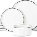 Famiware Porcelain Dinnerware Set, 12-Piece Modern Plate and Bowl Set, Dish Set for 4, Microwave and Dishwasher Safe Tableware, White with Black Trim