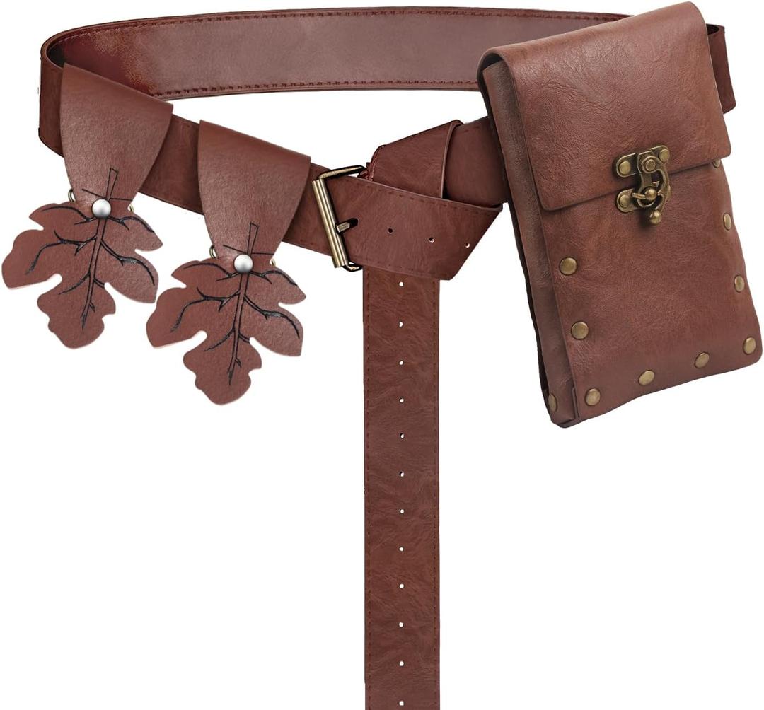 FunMular Renaissance Accessories Costume Women Belt Pouch Medieval Viking Potion Bottles Leather Belt Leaf Skirt Hikes (Brown belt)