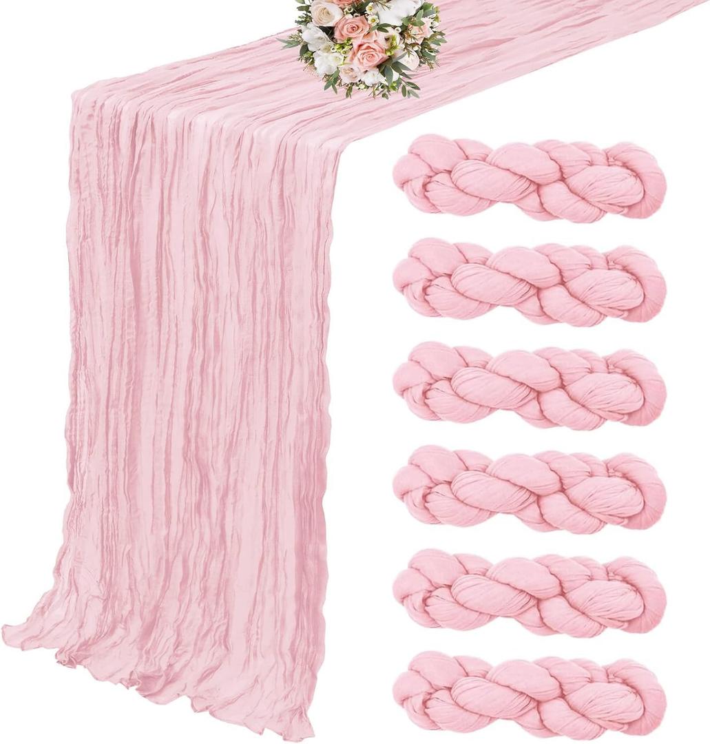 6 Pack Light Pink Cheesecloth Table Runner 10FT Boho Gauze Fabric Table Runner 35 x 120 Inch Spring Rustic Sheer Runner for Wedding Birthday Baby Shower Table Decoration