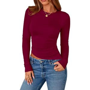 PRETTYGARDEN Womens Long Sleeve Shirts 2026 Fall Trendy Crewneck Slim Fit Asymmetrical Going Out Tops Ruched Tee Y2k Clothes (S)