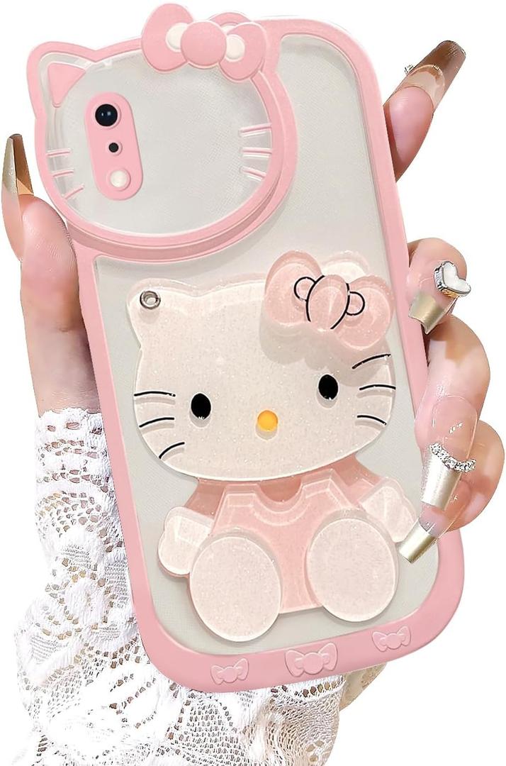 for iPhone Xs Max Kawaii Cartoon Cute Pink Phone Case with Mirror