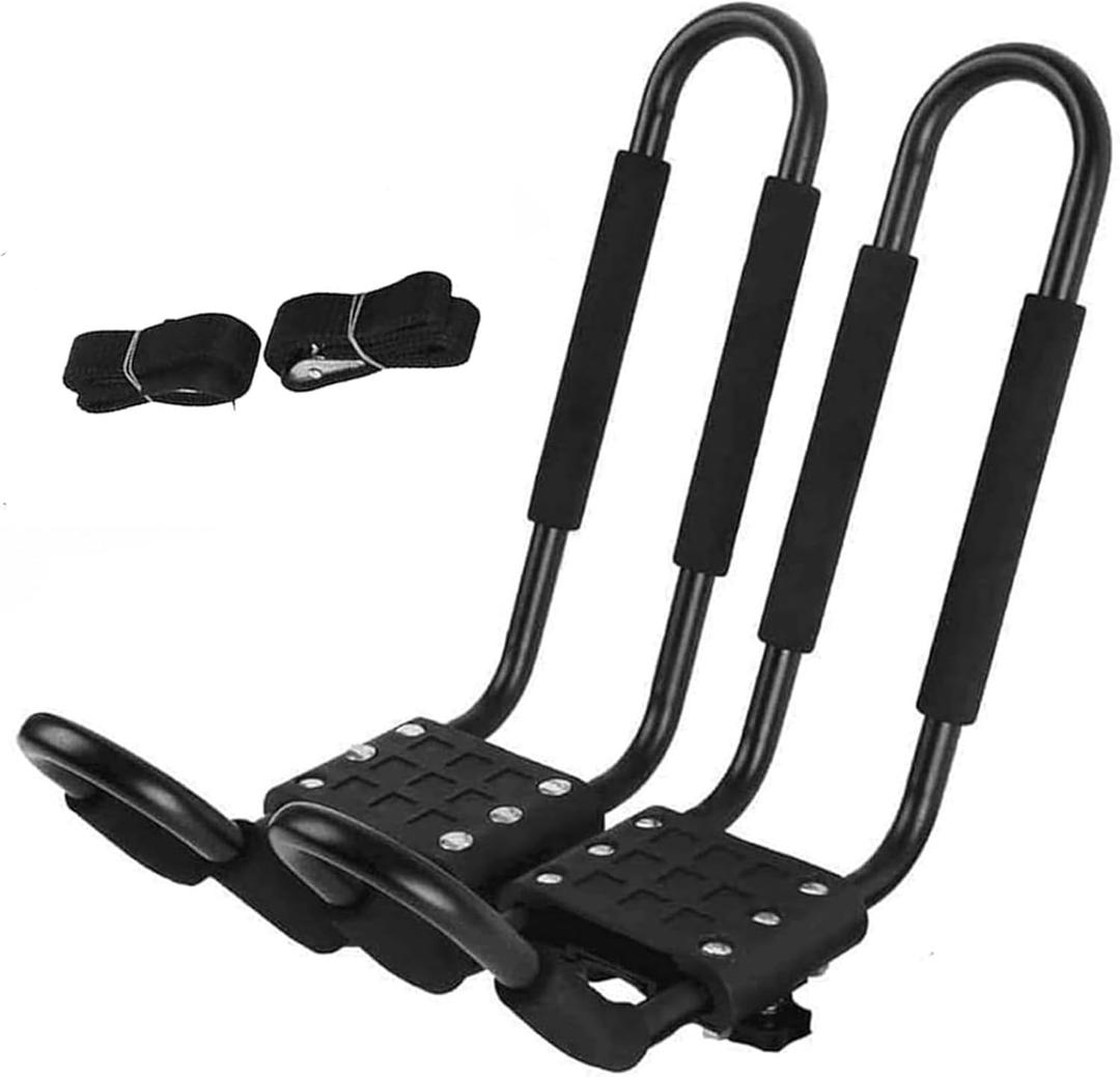 KZU 2 PCS Kayak Roof Rack, Surf Board Carrier, Canoe, Surf Board, Ski Board, Snow Board Holder on Roof Top, Mount Racks for Car, Truck J Bar with 4 pcs Tie Down Straps, NJD423