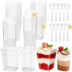 120 Pcs Mini Dessert Cups with Spoons Include 5 oz Square Plastic Appetizer Cups 3 oz Slanted Round Parfait Shooter Cup, Small Clear Reusable Dessert Bowls Mousse Jello Fruit Pudding for Wedding Party