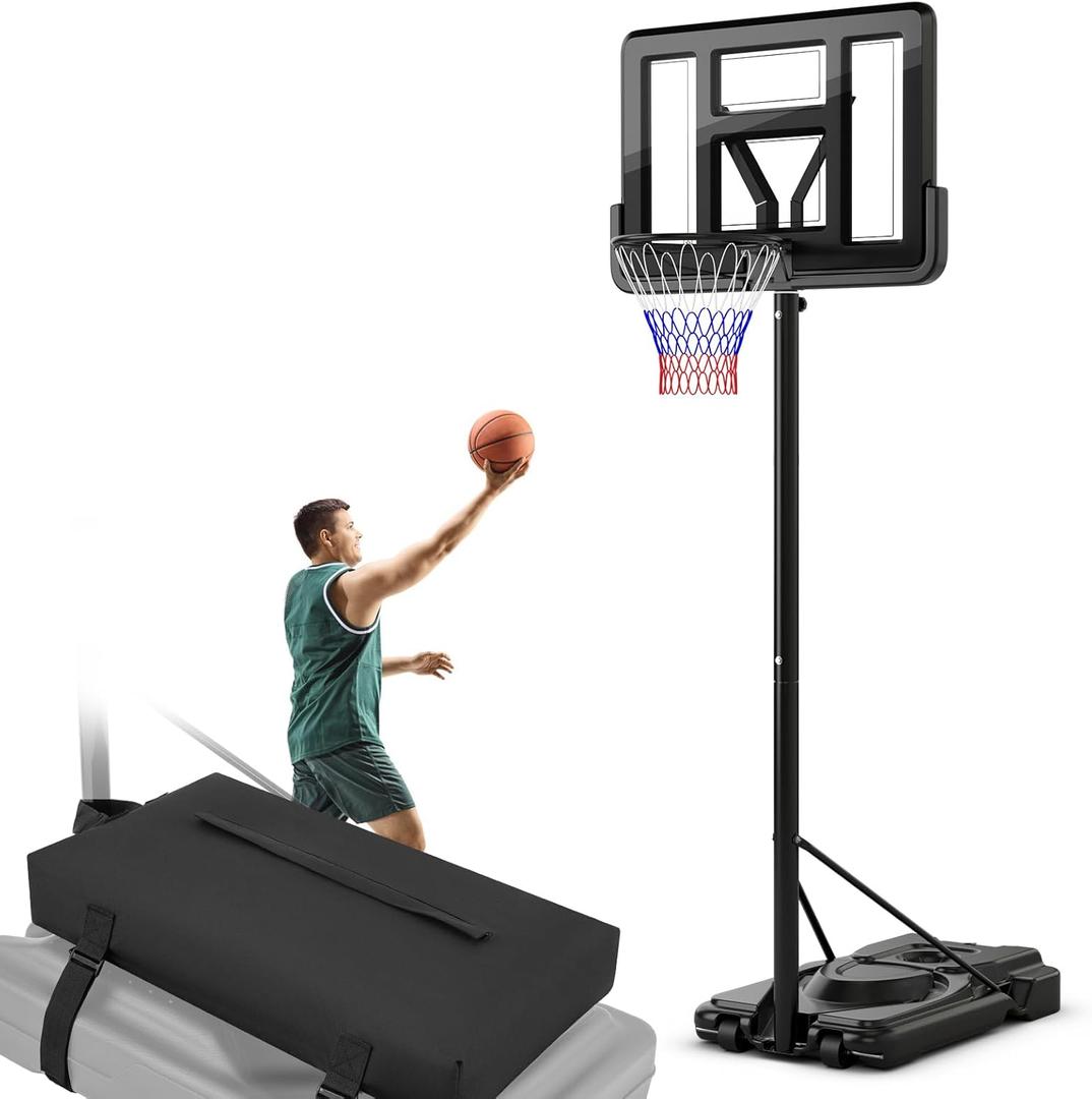Goplus Portable Basketball Hoop, 10FT Height Adjustable Basketball Goal w/44‘’ Shatterproof Backboard, Outdoor Basketball Stand for Adults Teens Backyard Driveway