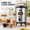 3.2 Gallon Insulated Beverage Dispenser, 12L Thermal Coffee and Drink Server with Spigot, Non-Electric Hot & Cold Drink Container for Juice, Tea, Milk, or Chocolate