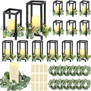 Geelin 12 Set 10.59'', 13'' Black Wooden Lanterns for Centerpieces Include 12 Wooden Lantern 12 LED Candle 12 Eucalyptus Leaves Wreath for Wedding Baby Shower Farmhouse Table Decor