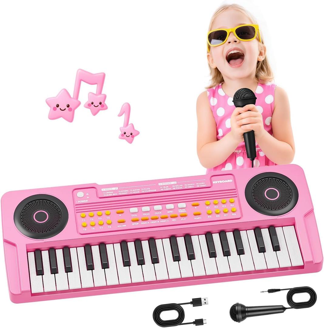 Upgraded Kids Piano Keyboard 37 Keys Toddler Keyboard with Microphone Learning Instrument Musical Toys for 3 4 5 6 Boys Girls Birthday Gift, Pink