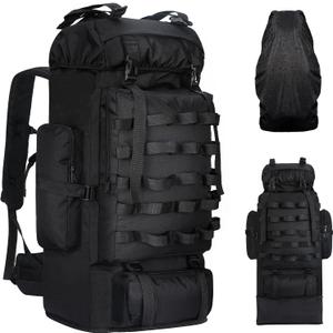70L/100L Camping Hiking Backpack with Rain Cover, Expandable Large Military Tactical Backpack, Waterproof Molle Racksack Travel Backpacking Daypack for Climbing Trekking (Black)