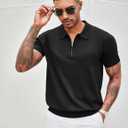COOFANDY Men's Zipper Polo Shirt Casual Knit Short Sleeve Polo T Shirt Classic Fit Shirts (Black, XXXL)