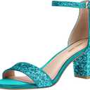 PIZZ ANNU Women's Open Toe Ankle Strap Low Block Chunky Heels Sandals Party Dress Pumps Shoes Strappy Buckle Sandals with 2.6" Tall Thick Heel Design,  6, Blue Sequin
