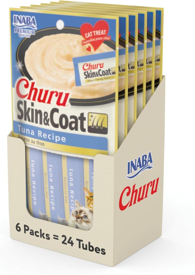 INABA Churu Lickable Pure Natural Cat Treats for Skin and Coat with Omega Oils, Taurine and Vitamin E, 0.5 Ounces Each, 24 Tubes (Four Per Package), Tuna Recipe BBD: 11/27/25