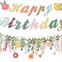 3 Pcs Flower Happy Birthday Decorations Hanging Paper Flower Garland Banner Spring Birthday Banner Groovy Boho Floral Party Supplies for Girls Women Fairy Wedding Garden Tropical Wall Decor