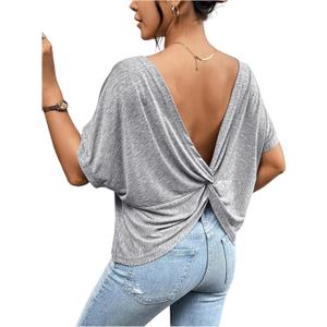 Women's Backless Twist Knot T Shirt Oversized Solid Short Sleeve Tees Open Back Asymmetrical Hem Casual Tops (Grey)