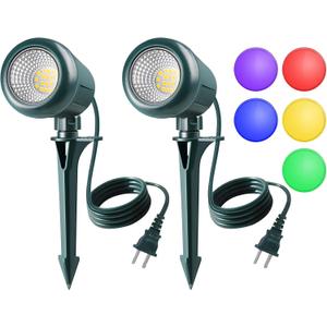 Christmas Spotlights Outdoor, 120V Plug-in Halloween Spot Light, 5000K LED Landscape Lighting with 5 Color Lenses (Red Green Blue Purple Yellow), IP67 Waterproof, 2 Pack
