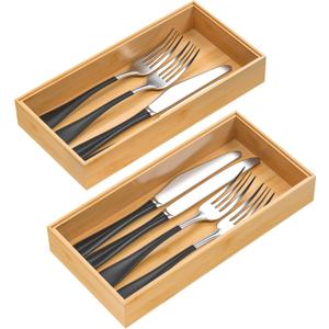 VeyFey Silverware Tray for Drawer, Stackable Kitchen Bamboo Drawer Organizer 12" x 6" x 2" Set of 2