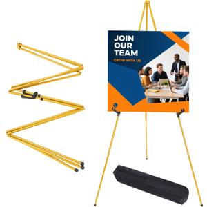 MXG 66-Inch Foldable Metal Easel Stand for Signs, Poster Display, Yellow Portable Art Painting Tripod for Weddings, Decorations, Office & Classroom Presentations with 2 Trays, Holds up to 10 Lbs