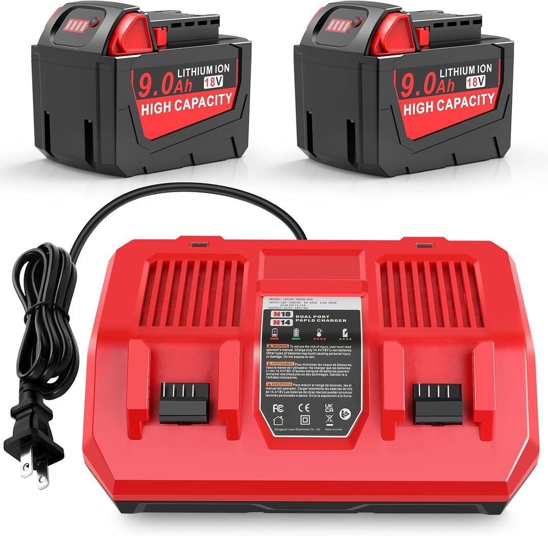 2 Pack 9.0Ah 18v Battery Replacement for Milwaukee with Rapid Dual Charging Port 18v Battery Charger, 48-11-1840, 48-11-1828, 48-11-1820, 48-11-1815, 48-11-1850, 48-11-1860, 48-11-1890