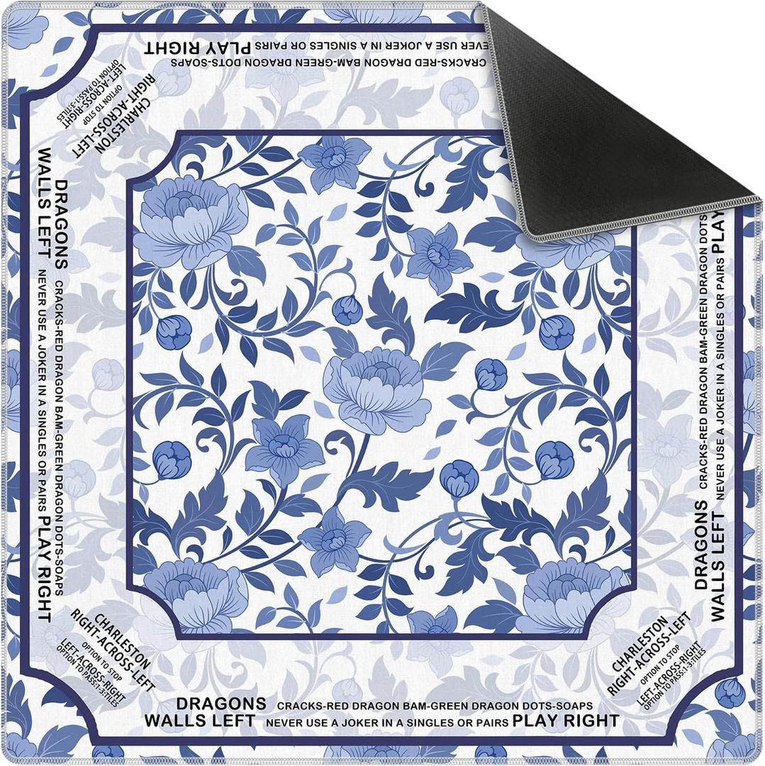 Blue and White Chinoiserie Floral Bird Mahjong Mat 31.5 x 31.5 Inch, Traditional Chinese Non-Slip Noise Reduction Mahjong Table Mat for American Mah Jong Poker Card Board Games Dominoes