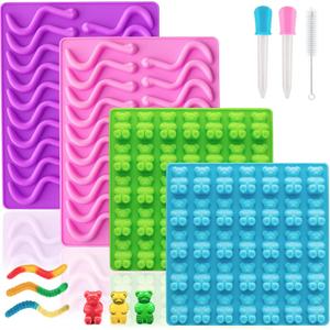 Large Gummy Bear and Worm Molds Silicone, Food-Grade Non-Stick Candy Molds Fruit Snack Molds BPA-Free with 2 Droppers & 1 Cleaning Brush, Set of 4