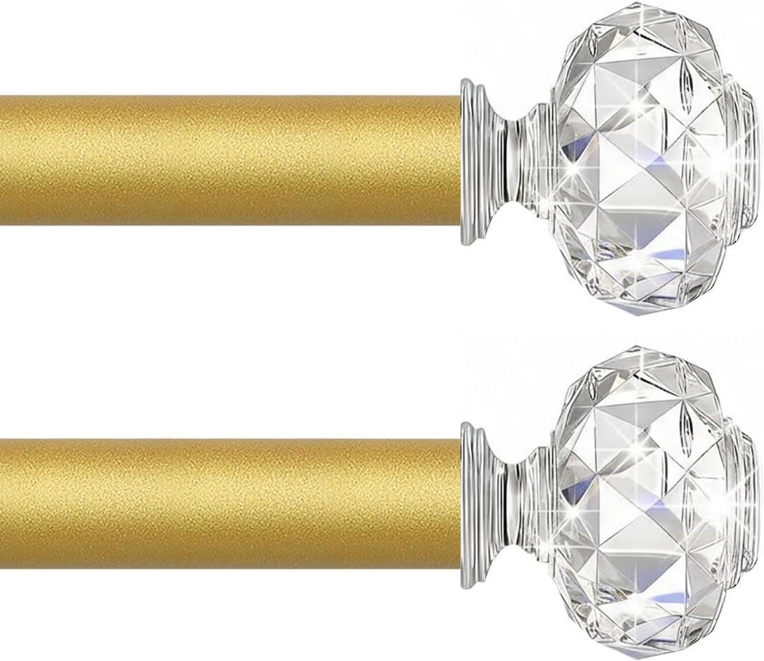 TVWOO Gold Decorative Crystal Curtain Rods:18-45" Heavy Duty Adjustable Window Curtain Rods for Bedroom Living Room,Brass Golden Modern Girly Acrylic Drapery Rods with Sheer Bling Diamond Finial,2Pack