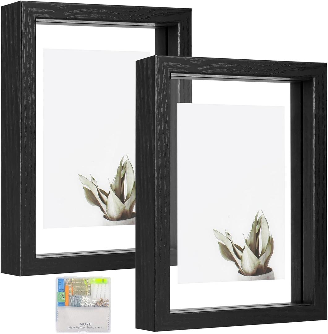 MUYE 5x7 Floating Frames Set of 2,Double Glass Picture Frame Display Any Size Photo up to 5x7,Wall Mount or Tabletop Standing, Black