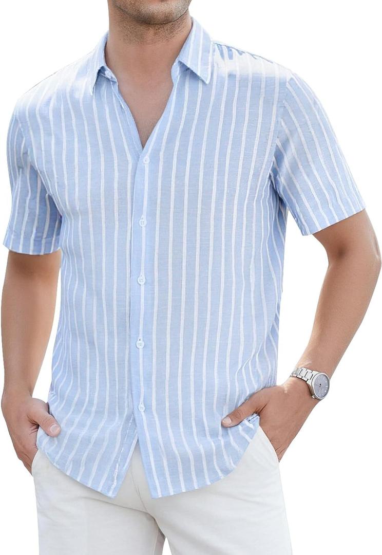 Damipow Mens Linen Shirts Short Sleeve Cotton Striped Button Down Shirt (Blue, L)