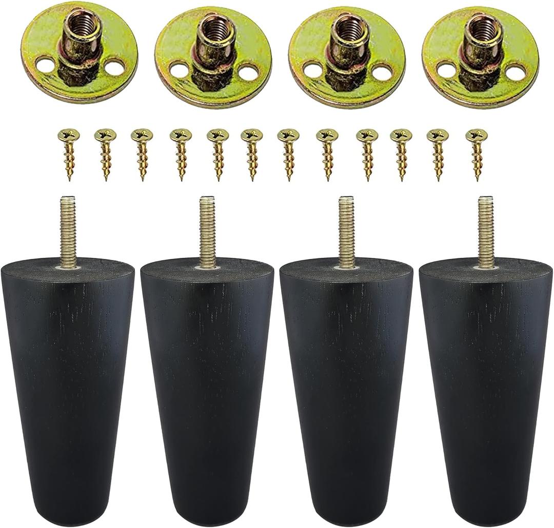 Set of 4 Wood Furniture Legs (Black, Round) (5 Inches)