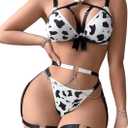 WDIRARA Women's 9 Piece Cow Print Hollow Out Strappy Lingerie Set with Garter Belt Black and White X-Small