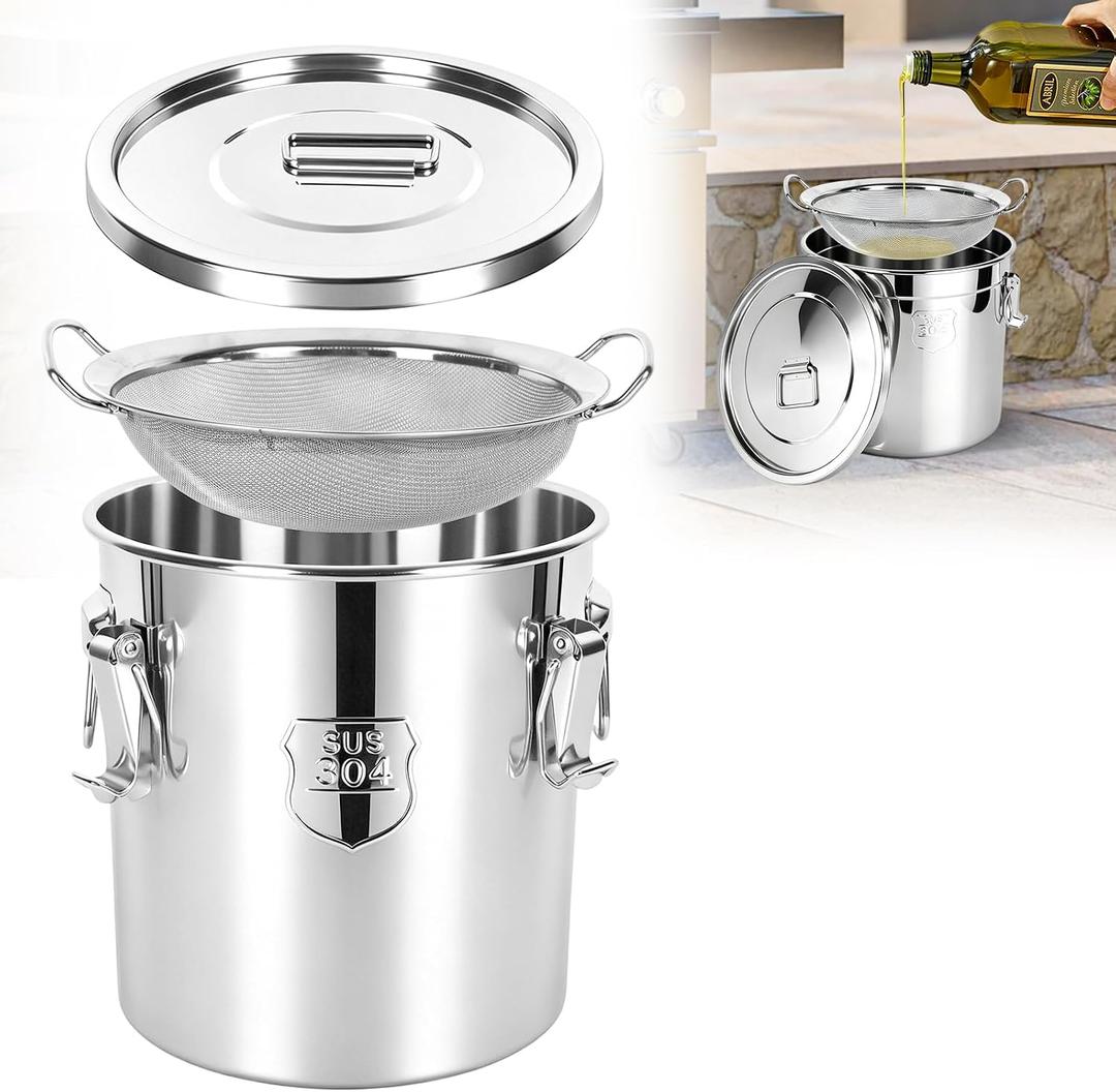 5.5 Gal / 21L Cooking Oil Storage Can Commercial Oil Container with Filter & Lid Metal Bucket Food Storage Containers Airtight for Rice Flour Grain Dog Food Coffee Bean, 304 Stainless Steel -Silver