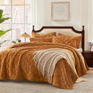 Andency Luxury Velvet Quilt King Size, Ultra Soft Lightweight Burnt Orange Quilted Velvet Comforter, Diamond Oversized All Season Bedspread Coverlet Bedding Set with 2 Pillow Shams, Burnt Orange