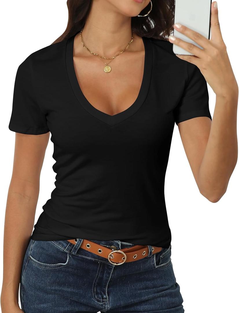 Roselux Women Short Sleeve Deep V Neck Tops Shirts Fitted Cotton Summer Tshirt Tee (Black, S)