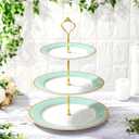 CHENGU 3 Tier Cupcake Stand Green Ceramic with Gold Frame, 10" 9" 7" Dessert Tower for Baby Shower Birthday Wedding Tea Party, Tiered Cake Holder Display for Cupcakes Pastries Fruits