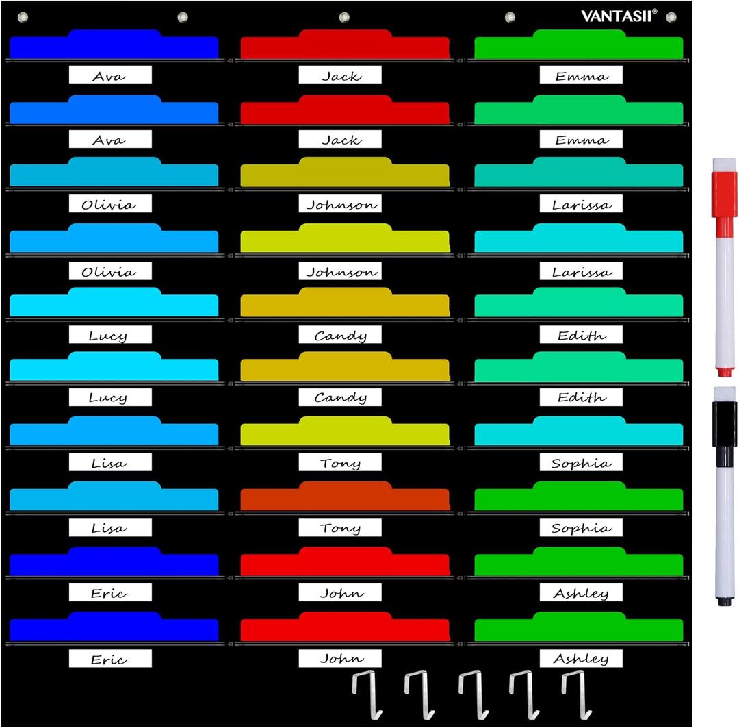Vantasii Organization Center Pocket Chart, Wall File Organizer Folder with 30 File Pockets, 30 Dry-Erase Cards Plus 5 Over The Door Hooks and 8 Wall Hooks, 47 X 42 inch