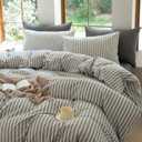 Striped Duvet Cover Set King Size 3 Piece 100% Washed Cotton Linen Feel Bedding Comfy Breathable Modern Farmhouse (King, Double Stripe-White/Black)
