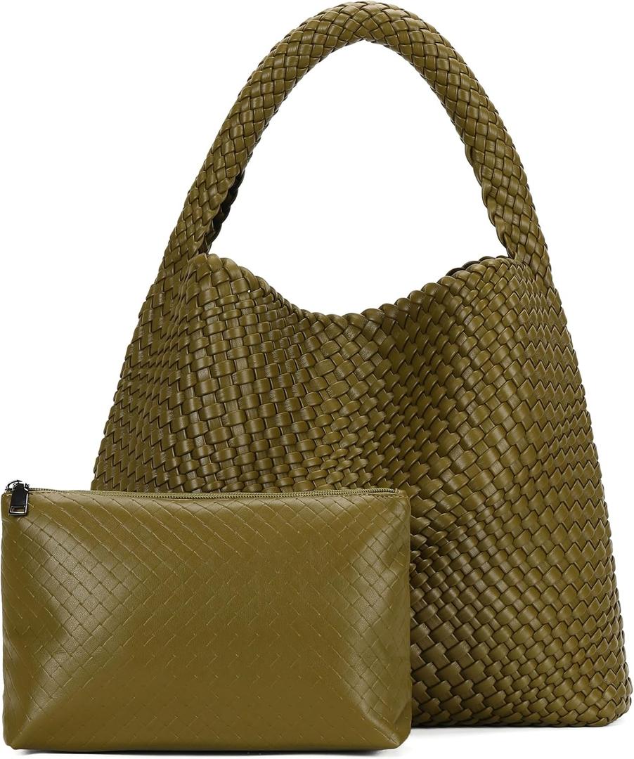 Large Woven Tote Bag for Women with Purse Fashion Shoulder Hobo Underarm Bags Woven Soft Vegan Leather Handbag