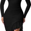 DAAWENXI Women's Sexy Ruched Bodycon Midi Dresses Square Neck Long Sleeve Ruffle Hem Cocktail Party Dress (Medium, Black)