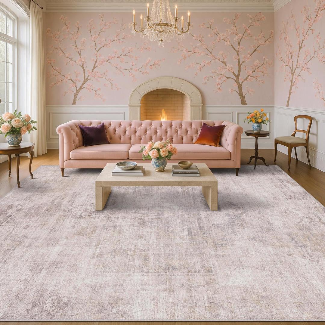 Hazo Haus Modern Rugs for Living Room 10x14 - Pink Mauve and Grey Extra Large Area Rug for Dining Room Table, Foldable Non Slip Abstract Medallion Print Pattern, Distressed Design