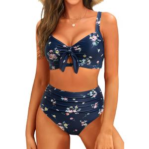 Tempt Me Two Piece Swimsuits - High Waisted Bikini Tummy Control Full Coverage Bathing Suits Ruched Tie Knot Swimwear (X-Large, Navy Floral)