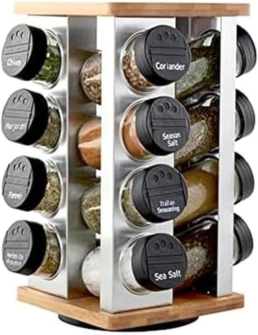 Kamenstein 16 Jar Warner Revolving Countertop Spice Rack Organizer with Lift & Pour Caps and Spices Included, FREE Spice Refills for 5 years, Stainless Steel & Bamboo with Black Caps