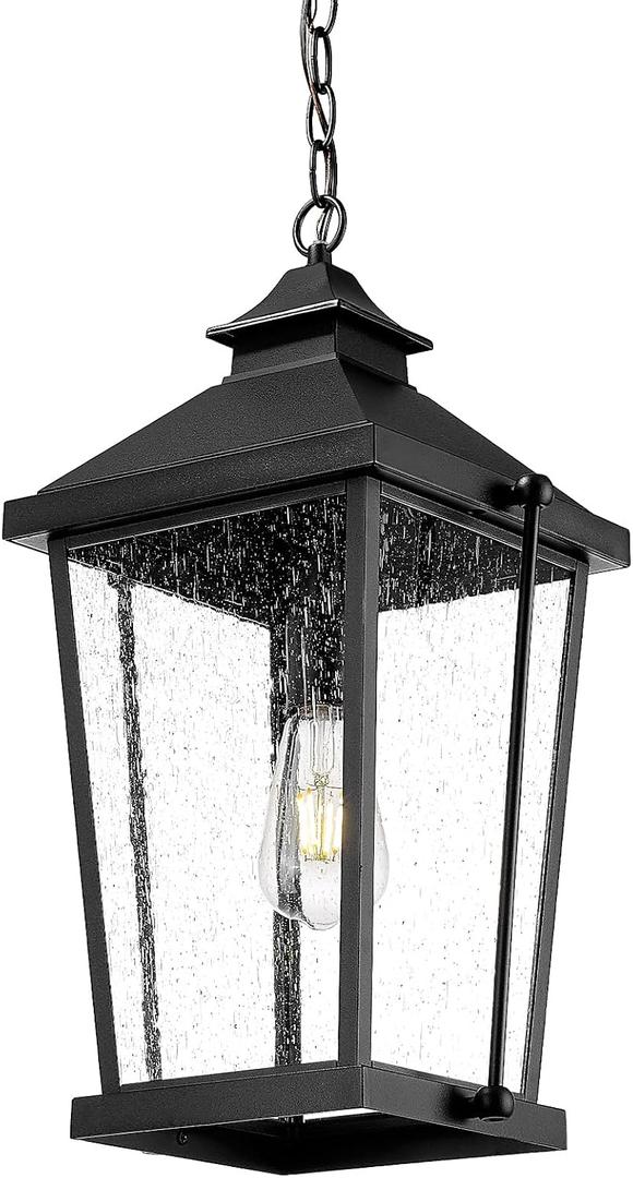 zeyu 20 Inch Outdoor Pendant Lights for Porch, Modern Outdoor Hanging Porch Light, Die-Cast Aluminum with Seeded Glass, Black Finish, ZW105H-M BK