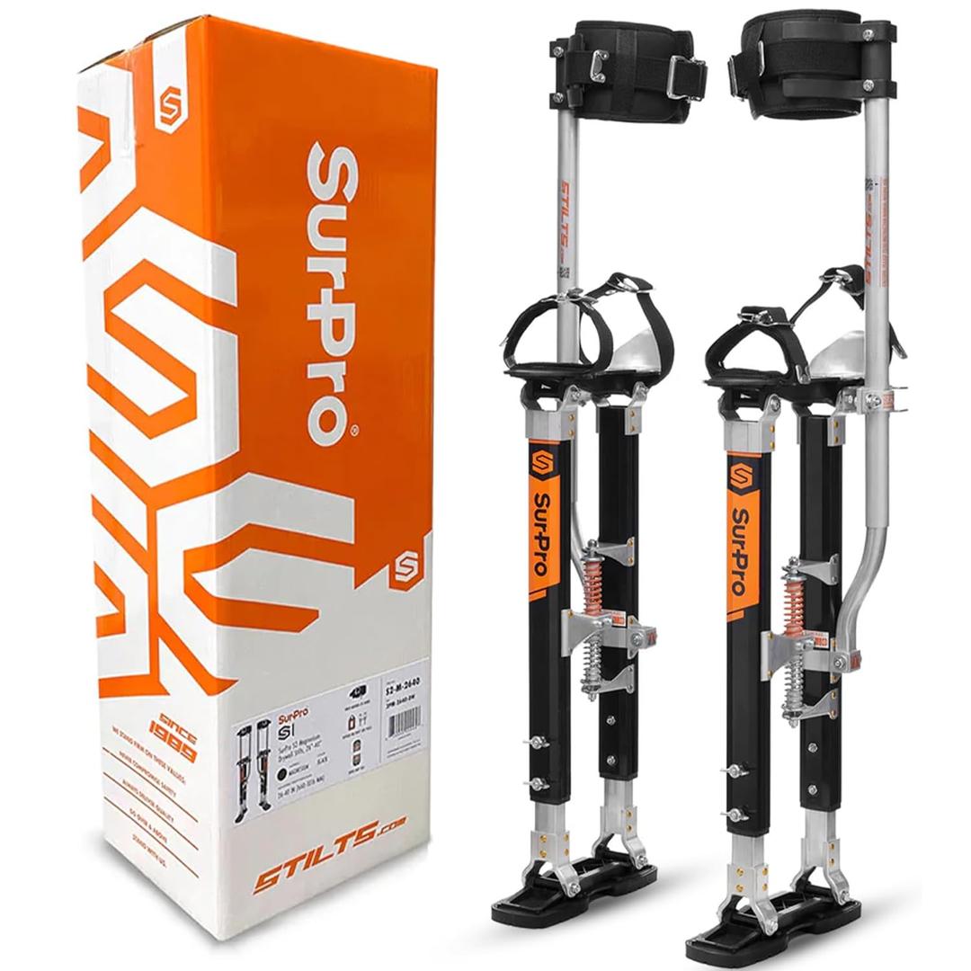 SurPro Single-Sided Magnesium Drywall Stilts, 16 - 24 Height, Interlock Enhanced Contractor-Grade Stilts (S1-M-1624) for Drywallers, Painters, Ceiling Work, Stilts Drywall