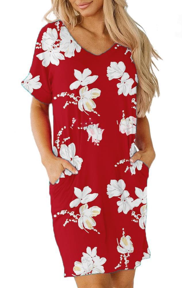 Camisunny V Neck Tunic Dresses for Women with Pockets Short Sleeve T Shirt Dress Knee Length Loose Fitting Size S (S)