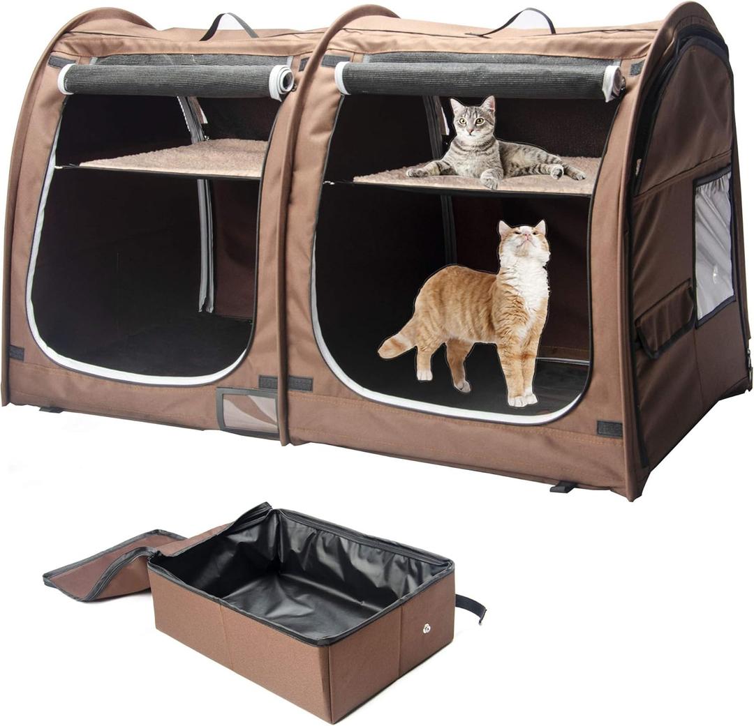 Mispace Portable Twin Compartment Show House Cat Cage/Condo - Easy to Fold & Carry Kennel - Comfy Puppy Home & Dog Travel Crate with Portable Carry Bag/Two Hammocks/Mats and Collapsible Litter Box (Brown)