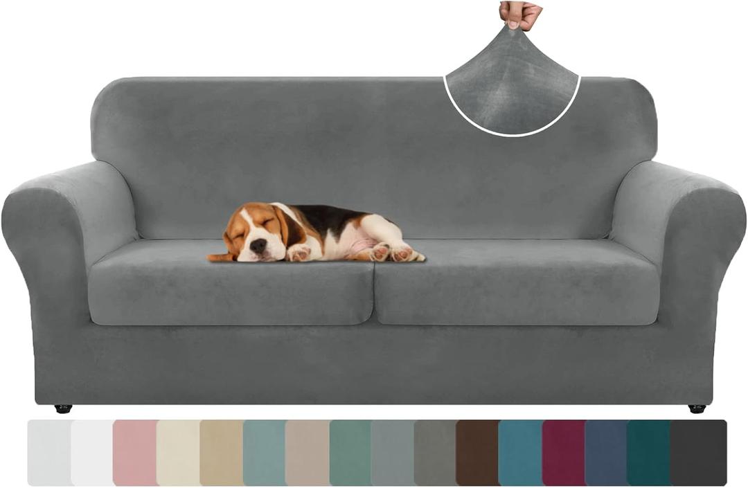 ZNSAYOTX Oversized Velvet 3 Piece Couch Cover with 2 Extra Large Seat Cushion Covers Stretch Sofa Cover for 2 Cushion Couch Thick Loveseat Sofa Slipcover for Living Room (Grey), 72"-92"(2 Cushions)