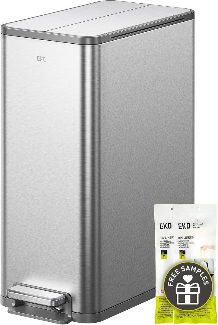 EKO X-Wing 50L / 13.2 Gallon Slim Step Trash Can, Stainless Steel Kitchen Garbage Bin with Dual Wing Lid, Soft Close, Removable Inner Bucket for Kitchen or Home
