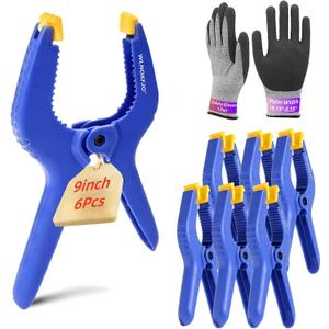 9 inches Spring Clamps Heavy Duty - 6 Pack Large Plastic Clamps& Safety Work Gloves for Woodworking, Crafts, Backdrop and Pool Cover with 3.5 Inches Mouth Opening And Serrated jaws
