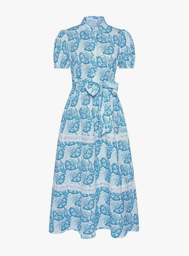 GRACE KARIN Women's 2025 Summer Floral Flowy Dresses Boho Tie Belt Short Puff Sleeve A Line Maxi Shirt Dress with Pocket, L