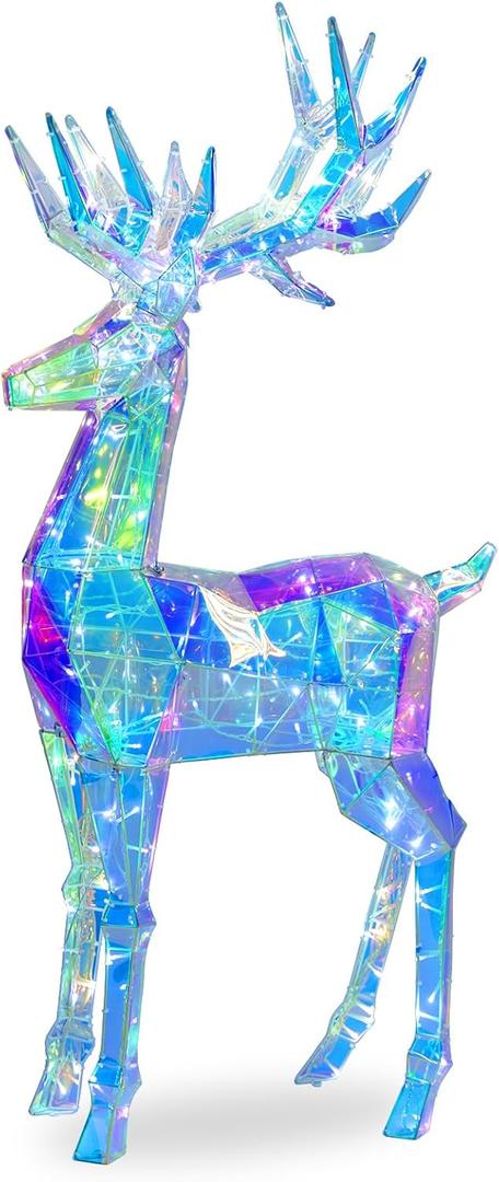 60" Pre-lit Christmas Reindeer, Outdoor Prismatic Iridescent Reindeer with 160 LED Lights, Stakes, Large Lights Up Deer Christmas Decorations Holiday Display for Yard Garden Patio